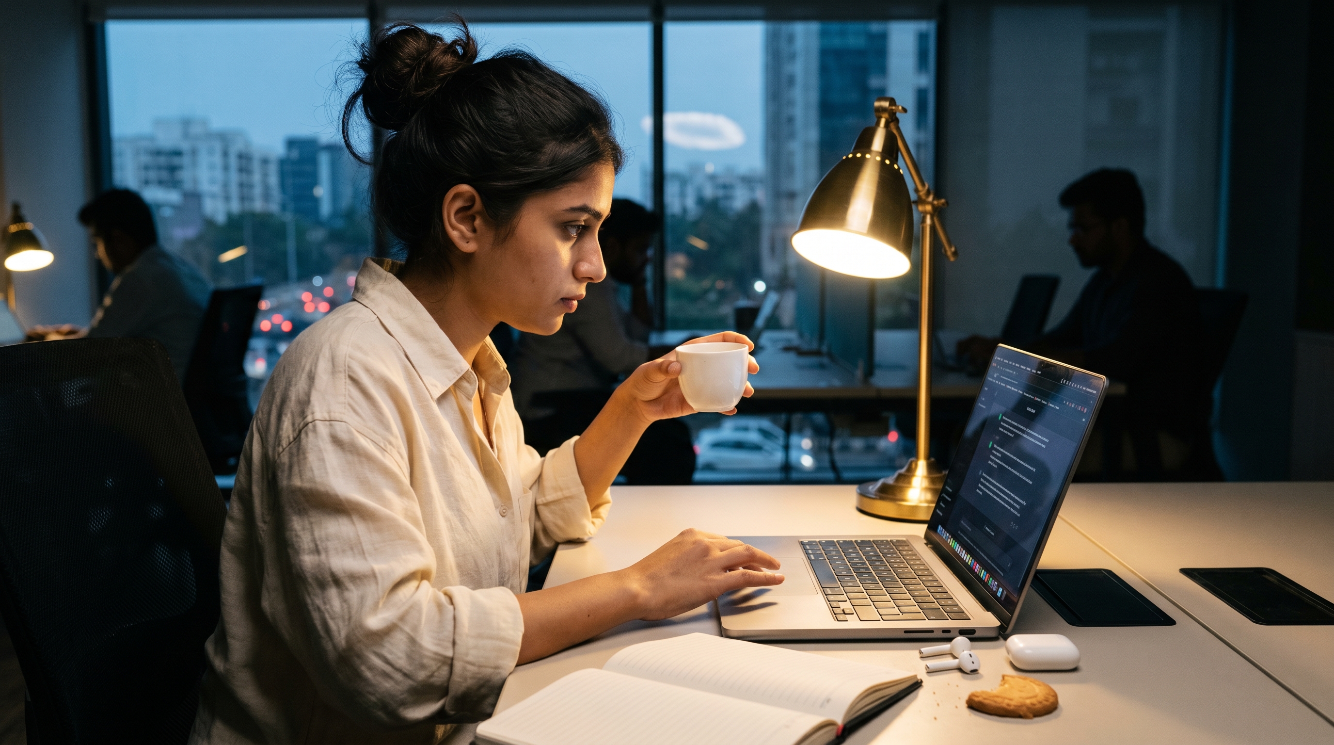 A young Indian woman working late on her laptop at a Bangalore coworking desk, a small brass desk lamp lighting her hands and the screen