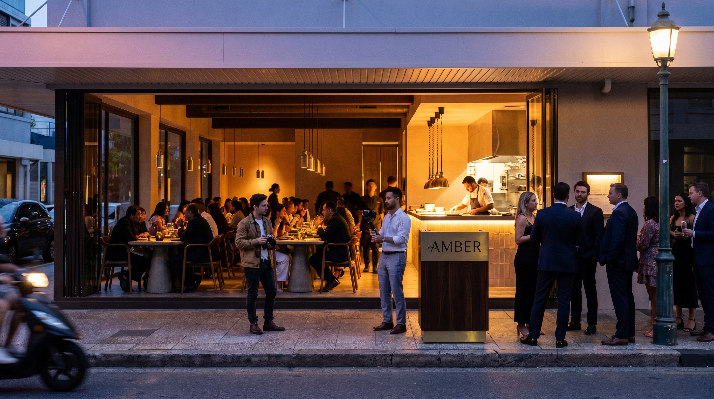 Opening night at a new Indian restaurant — a packed, warmly-lit dining room glowing through glass onto a dusk-blue street, a small queue waiting under a freshly-installed signboard, a photojournalist and a creator outside.