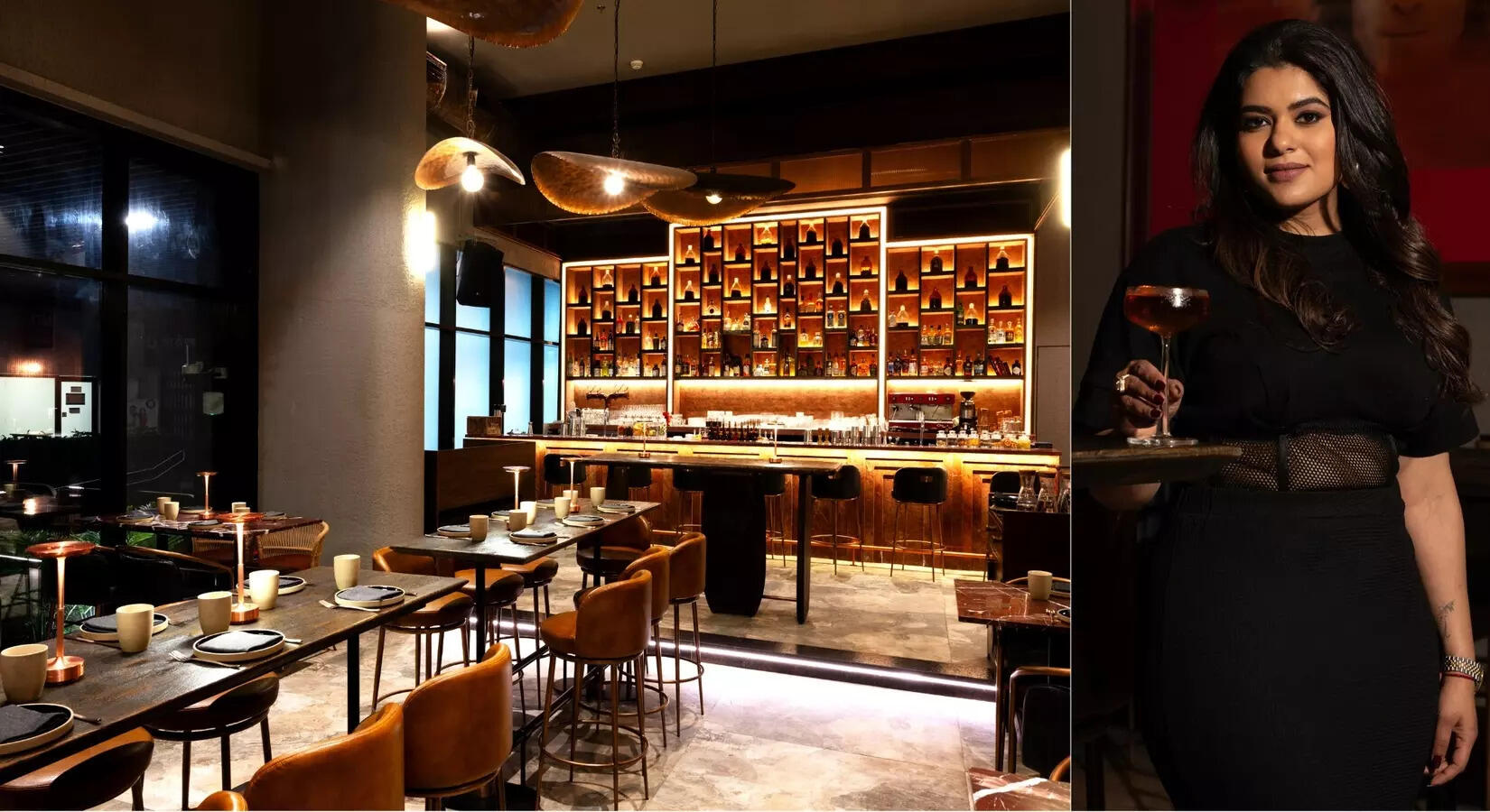 Inside 8ish at Nariman Point — Rachel Goenka's new bar — alongside a portrait of Goenka herself with one of the bar's foraged-ingredient cocktails