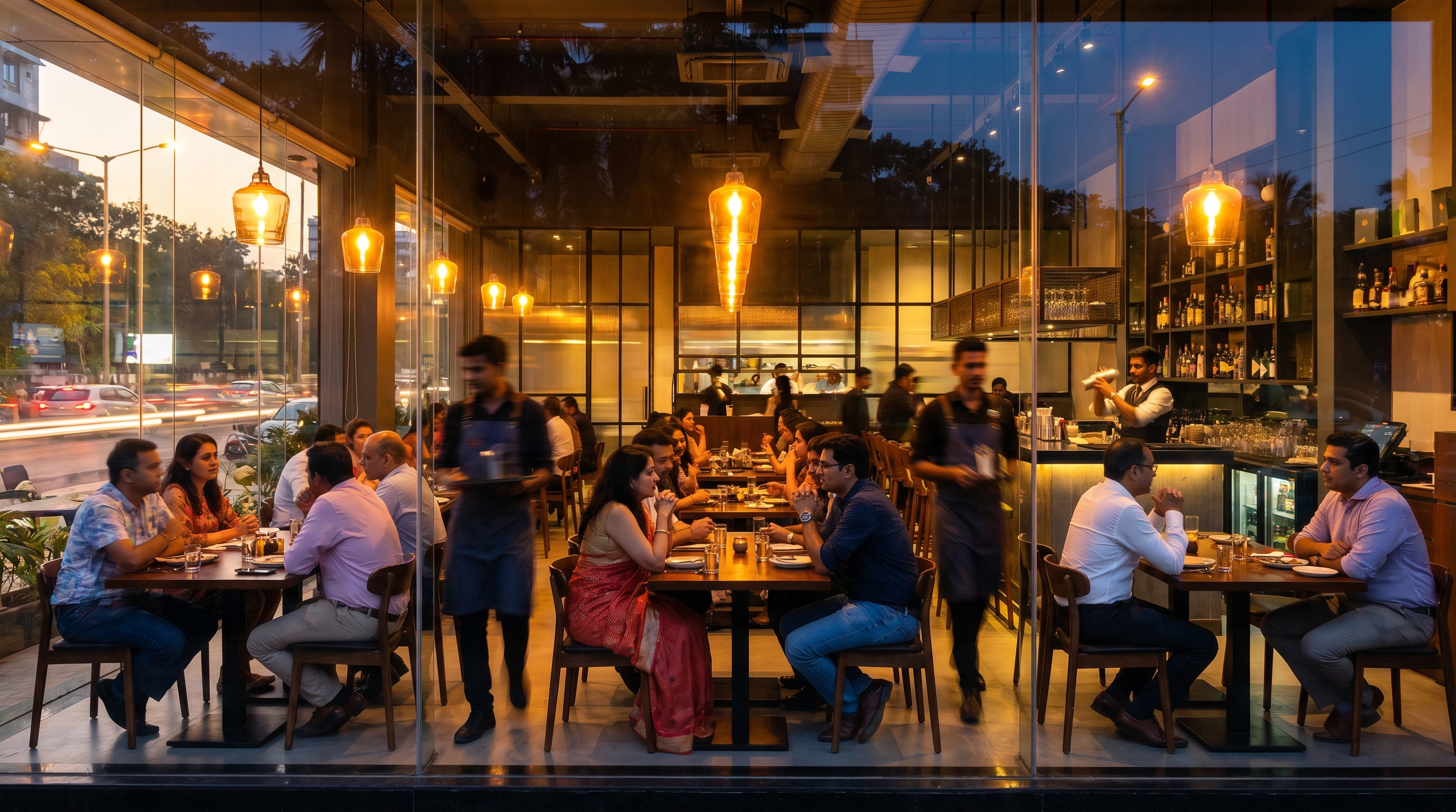 A bustling premium-casual Indian restaurant interior at dinner, full house, warm lighting, golden-hour exterior