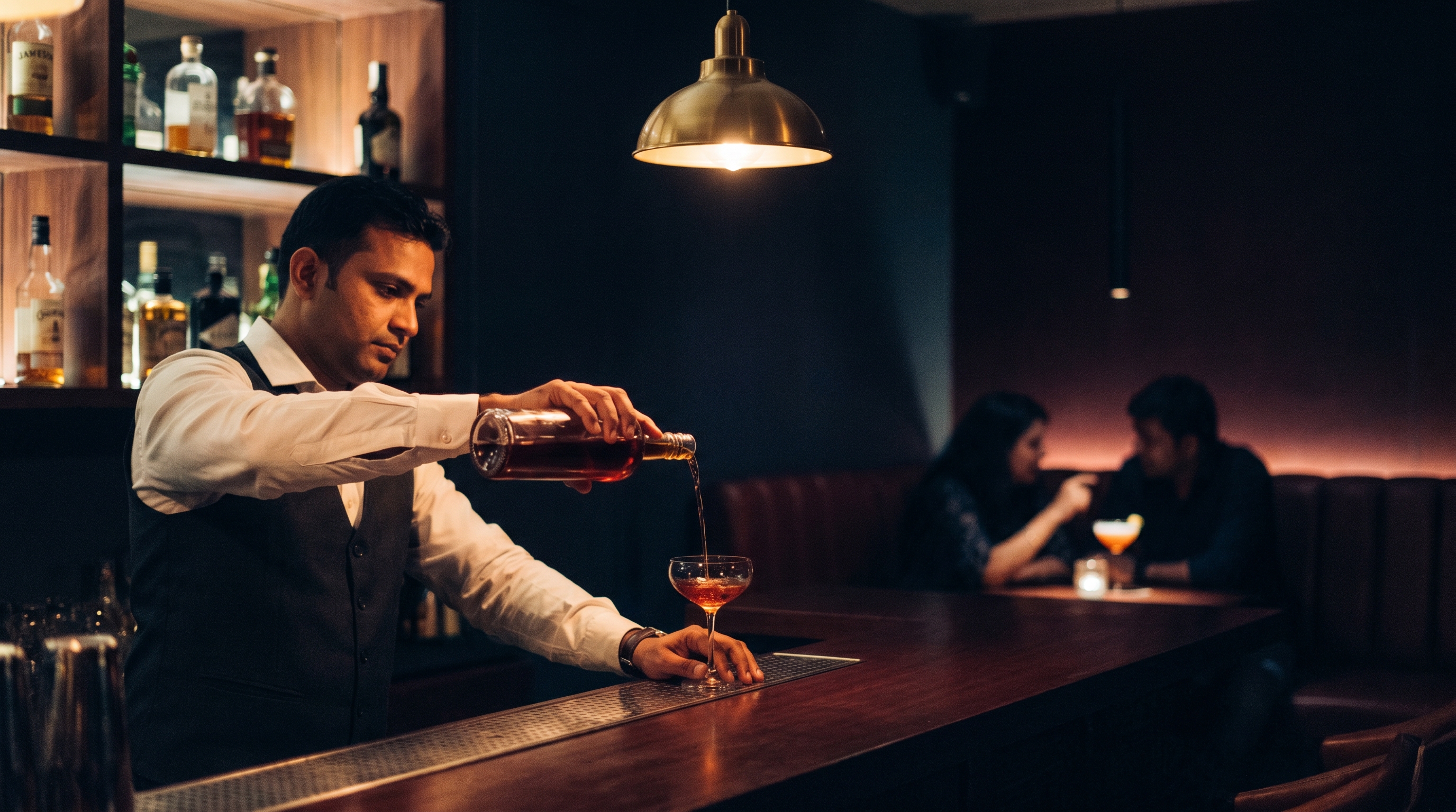 A bartender in a white shirt and waistcoat finishing a coupe cocktail in a dim, warmly-lit Indian speakeasy interior