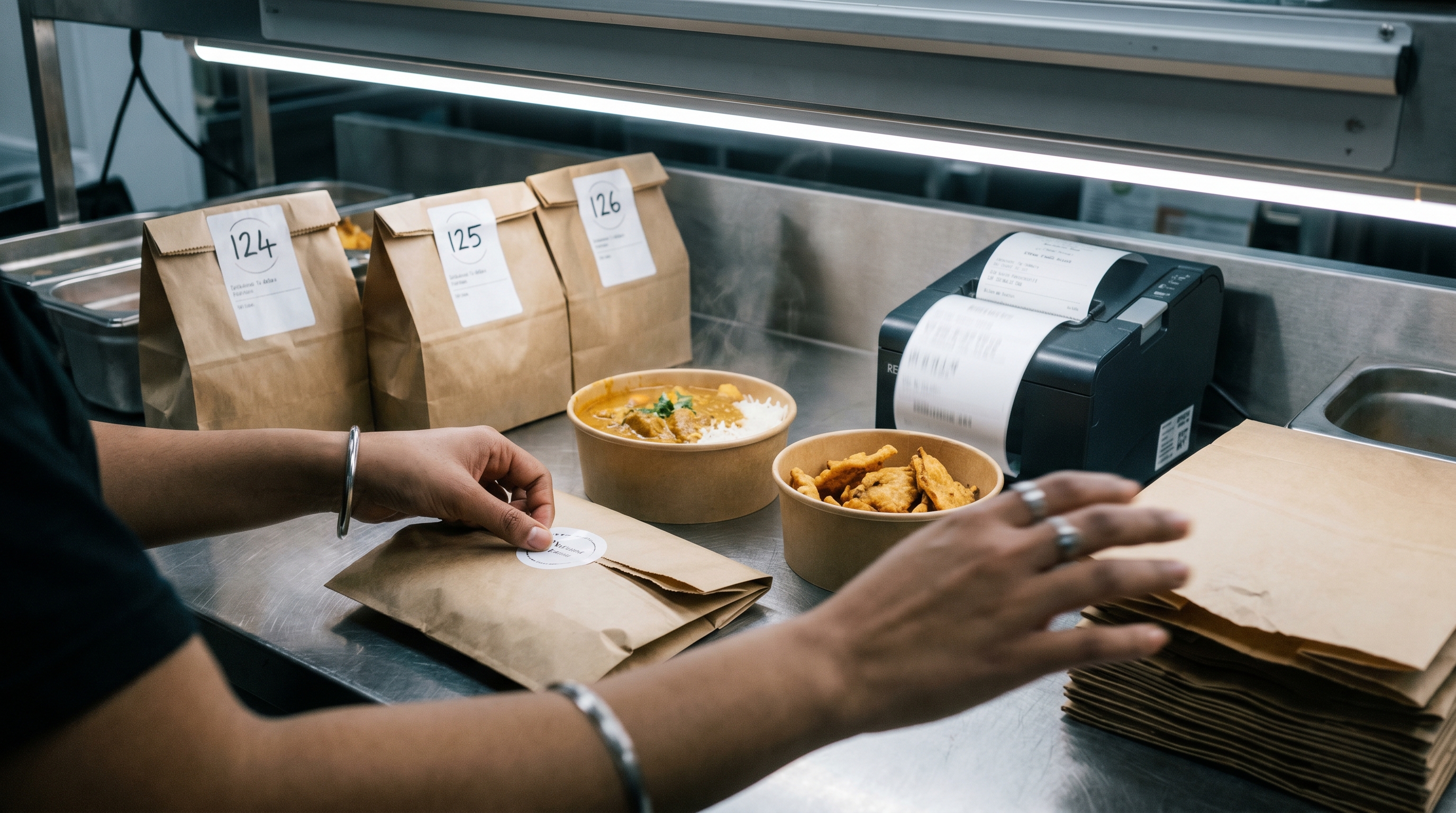 Overhead view of premium kraft and bagasse takeaway packaging arranged on a raw concrete countertop